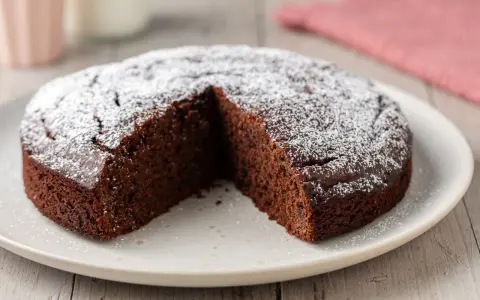 Una fetta è stata tolta da questa torta al cioccolato morbida, cosparsa di zucchero a velo.
