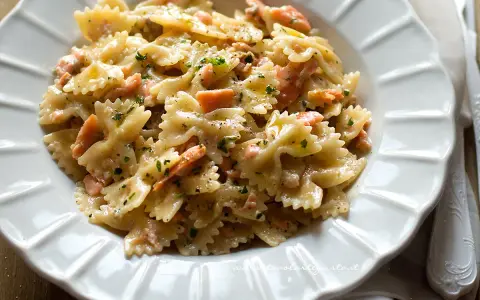 Farfalle cremose con pezzetti di salmone e prezzemolo tritato, un piatto invitante di pasta al salmone.