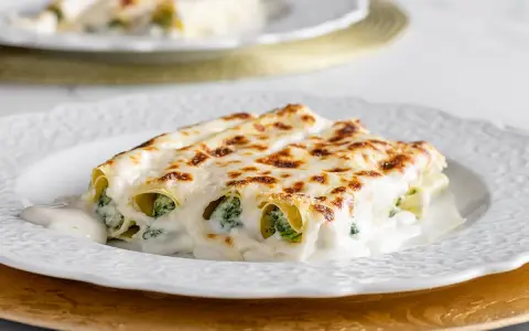 Cannelloni ricotta e spinaci dorati al forno, ricoperti da una cremosa besciamella e formaggio fuso.