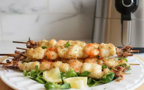 Spiedini di gamberi e calamari dorati e croccanti, cotti alla perfezione nella friggitrice ad aria. Serviti su un letto di insalata con spicchi di limone.