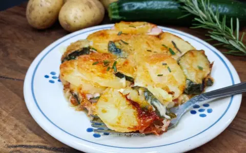 Piatto invitante di patate e zucchine al forno, dorate e filanti, con rosmarino fresco. Un contorno perfetto per ogni pasto.