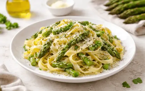 Un piatto invitante di pasta con asparagi freschi, condita con parmigiano grattugiato e prezzemolo.