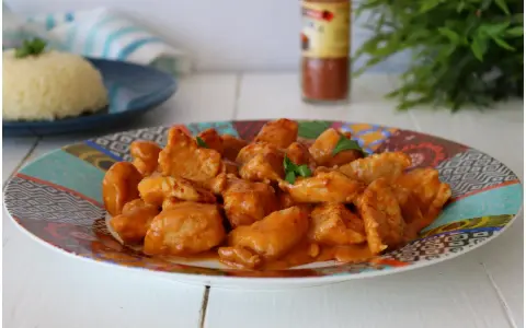 Succulento pollo alla paprika in una salsa cremosa, servito su un piatto colorato con riso bianco sullo sfondo.