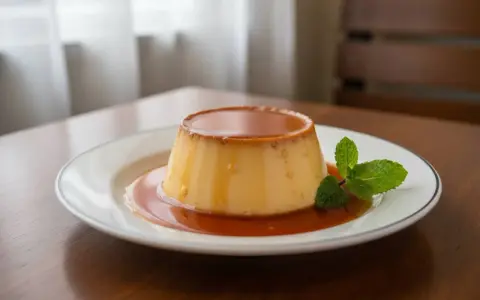 Budino fatto in casa con caramello dorato e una fogliolina di menta fresca, servito su un piatto bianco.