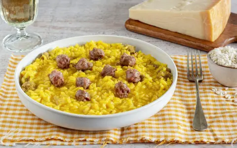 Un invitante risotto alla monzese, giallo intenso e arricchito da pezzetti di salsiccia, pronto per essere gustato.