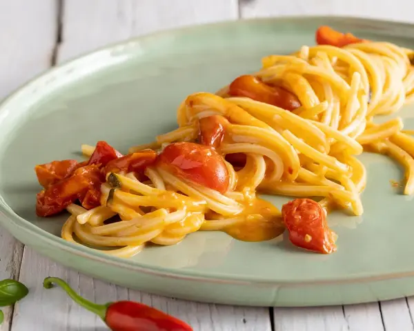 Spaghetti allo scarpariello fumanti, con pomodorini succosi e un tocco piccante, pronti per essere gustati.