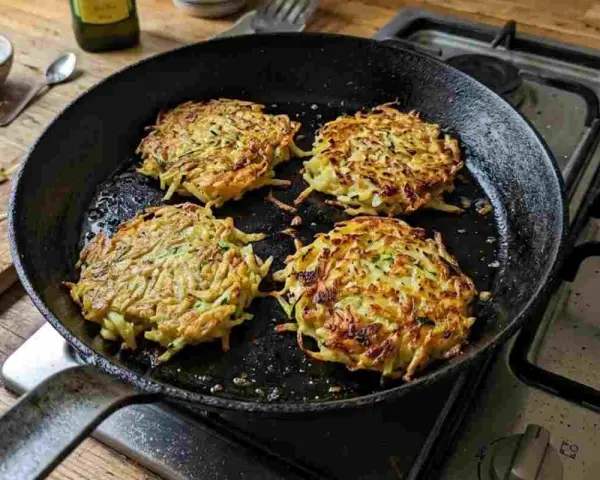 Quattro rosti di zucchine dorati e croccanti cuociono in padella, pronti per essere gustati.