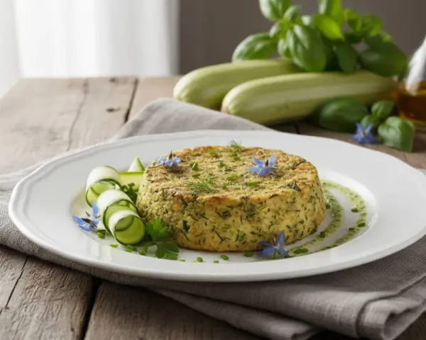 Delicato flan di zucchine, guarnito con fiori blu e rotolini di zucchina, su un piatto bianco.