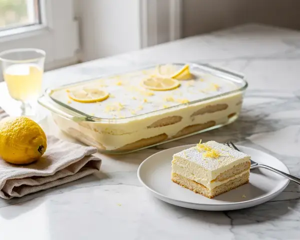 Un delizioso tiramisù al limone, con savoiardi e crema, guarnito con scorza di limone e fette.