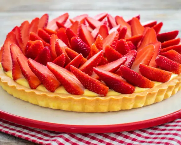 Una deliziosa crostata di fragole, con una base dorata e un ripieno cremoso, ricoperta da fragole fresche affettate.