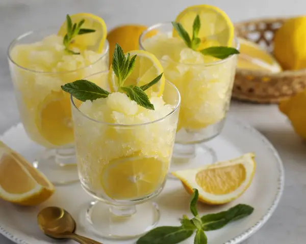 Tre bicchieri di rinfrescante granita al limone, guarniti con fettine di limone e foglie di menta. Limoni freschi in un cestino sullo sfondo.