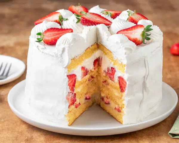 Torta panna e fragole, soffice e invitante, con strati di pan di Spagna, panna montata e fragole fresche, decorata con fragole a fette e ciuffi di panna.