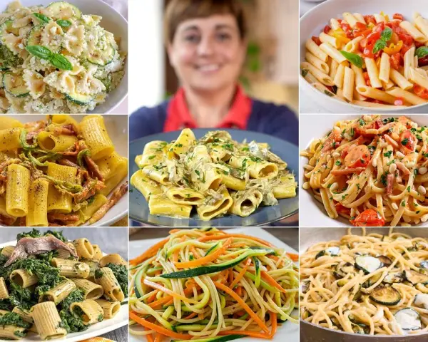 Collage di piatti di pasta con verdure: farfalle con zucchine, rigatoni con pancetta, linguine con pomodorini e pinoli, spaghetti con verdure julienne e pasta con spinaci e acciughe.