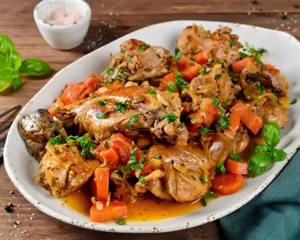 Un saporito coniglio in umido con carote e erbe aromatiche, servito su un piatto bianco.