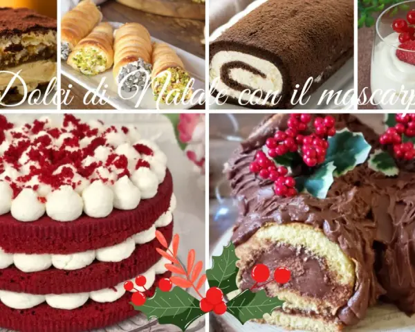 Collage di dolci natalizi: tiramisù, cannoli, tronchetto al cioccolato, torta Red Velvet e coppetta con frutti rossi. Tutti deliziosi dolci con mascarpone.