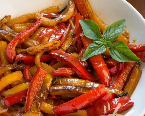 Peperoni in agrodolce, colorati e succosi, guarniti con basilico fresco. Un contorno saporito e invitante.