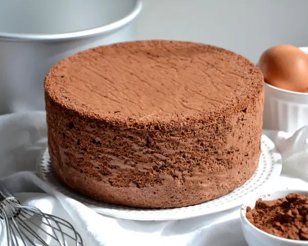 Un soffice pan di spagna al cacao, pronto per essere farcito. Ingredienti base: uova, cacao e una frusta.
