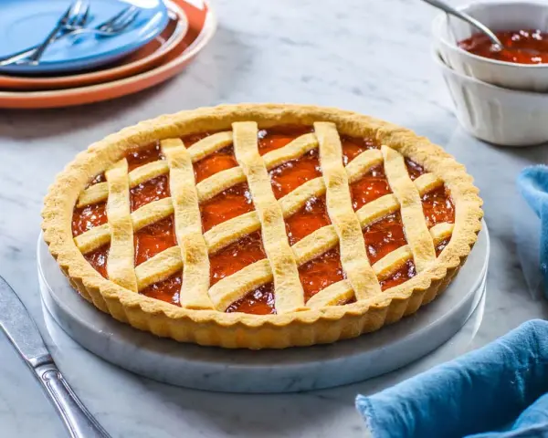 Una deliziosa crostata di marmellata con una griglia dorata di pasta frolla, pronta per essere gustata.