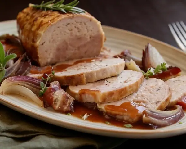 Un succulento arrosto di tacchino affettato, servito con cipolle rosse caramellate e salsa bruna su un piatto rustico.