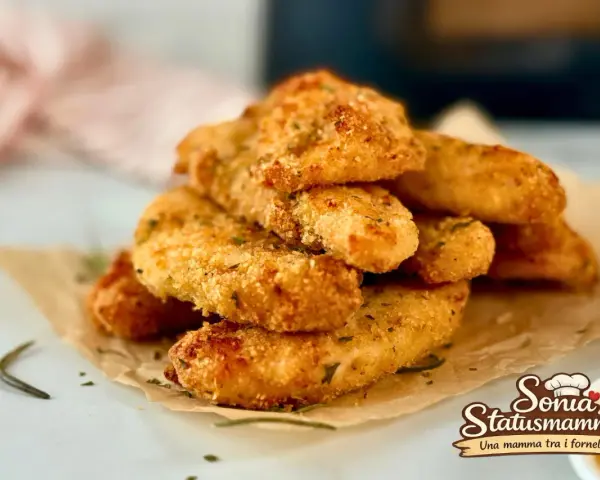 Croccanti bastoncini di pollo in friggitrice ad aria, dorati e saporiti, perfetti per un pasto veloce e gustoso.