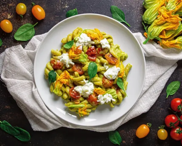 Piatto di pasta con crema di zucchine, pomodorini confit, fiori di zucca e ricotta fresca. Un tripudio di sapori estivi.