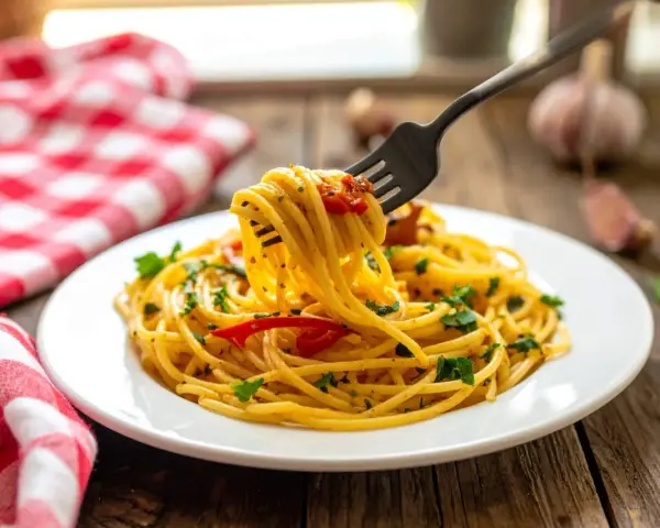 Un piatto di spaghetti alla carrettiera fumante, conditi con pomodoro, aglio e prezzemolo, pronti per essere gustati.