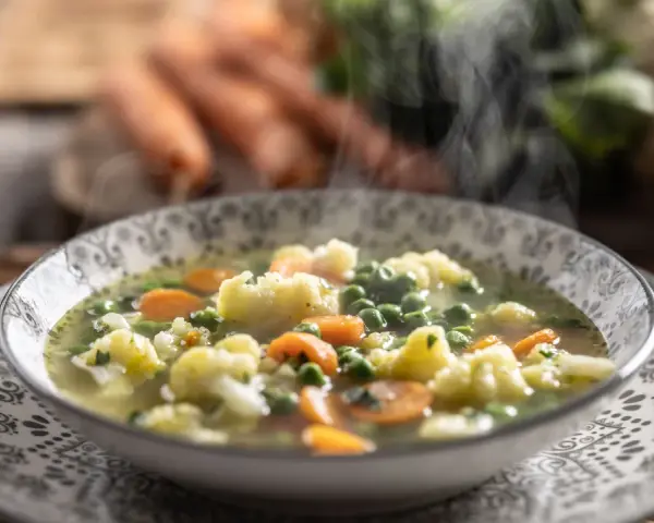 Zuppa fumante con cavolfiore, piselli e carote, arricchita da un tocco di panna da cucina per una cremosità avvolgente.