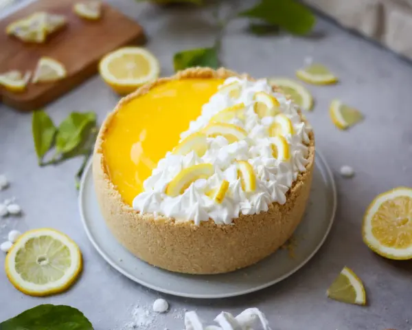 Delizioso cheesecake al limone con panna montata e fettine di limone, circondato da limoni freschi e foglioline verdi.