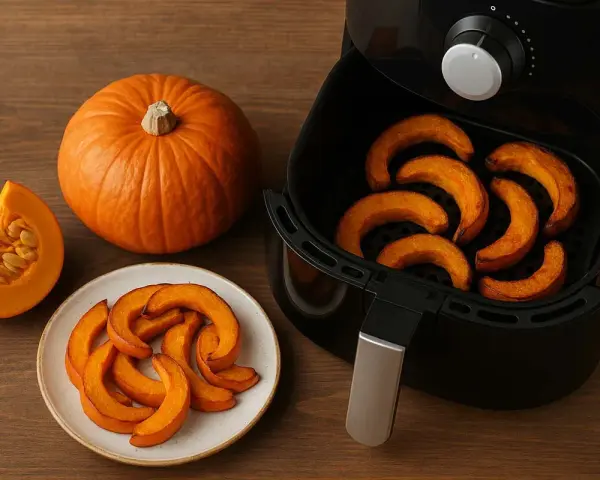 Fette di zucca dorate e cotte nella friggitrice ad aria, pronte per essere gustate.