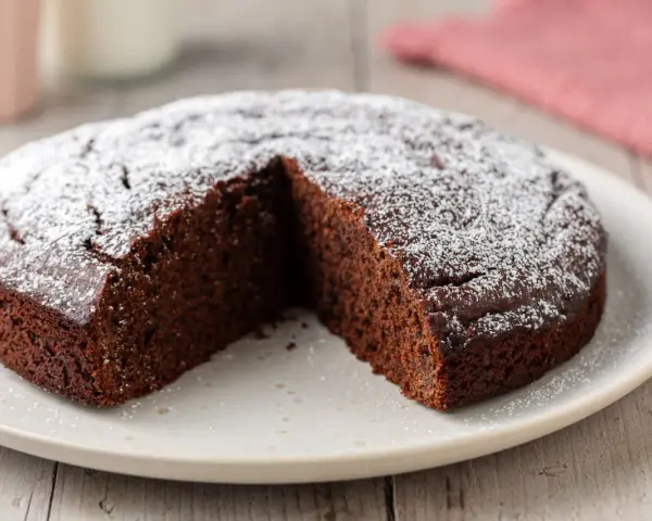 Una fetta è stata tolta da questa torta al cioccolato morbida, cosparsa di zucchero a velo.
