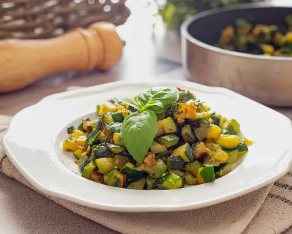 Zucchine in padella, un contorno saporito e colorato, guarnito con basilico fresco.