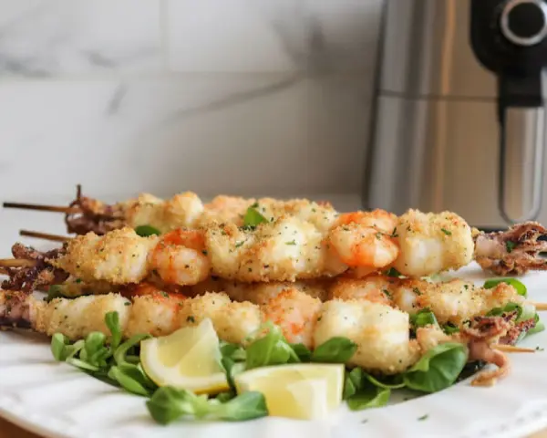 Spiedini di gamberi e calamari dorati e croccanti, cotti alla perfezione nella friggitrice ad aria. Serviti su un letto di insalata con spicchi di limone.