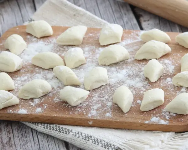 Gnocchi di ricotta freschi, pronti per essere cotti, spolverati di farina su un tagliere di legno.