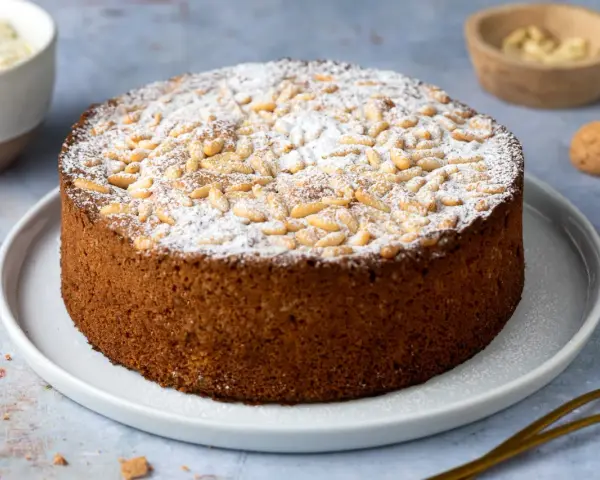 Torta soffice con farina di mandorle, ricoperta di pinoli e zucchero a velo. Perfetta per una pausa golosa.
