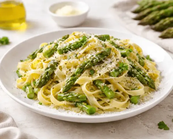 Un piatto invitante di pasta con asparagi freschi, condita con parmigiano grattugiato e prezzemolo.