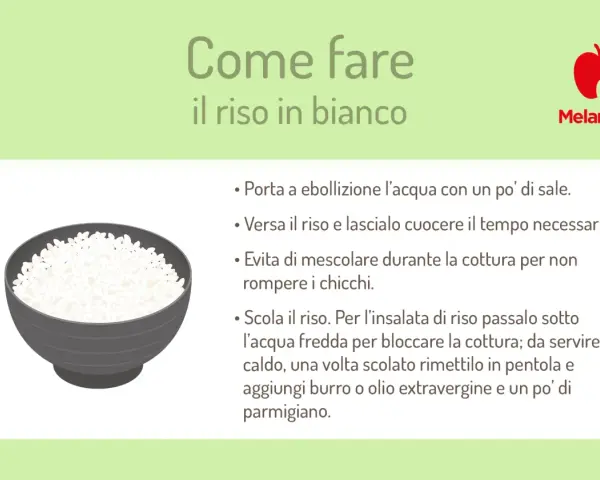 Una ciotola di riso in bianco, pronto per essere condito. Istruzioni su come preparare il riso in bianco.
