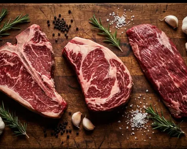Tre succulenti tagli di carne per una perfetta grigliata: T-bone, costata e scamone, con rosmarino, aglio e sale grosso.
