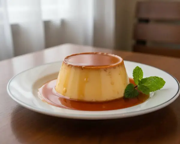 Budino fatto in casa con caramello dorato e una fogliolina di menta fresca, servito su un piatto bianco.
