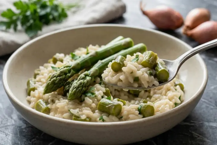 Un cremoso risotto con asparagi freschi, guarnito con prezzemolo tritato. Una forchettata mostra la consistenza perfetta.