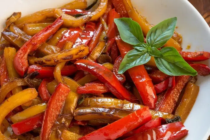 Peperoni in agrodolce, colorati e succosi, guarniti con basilico fresco. Un contorno saporito e invitante.