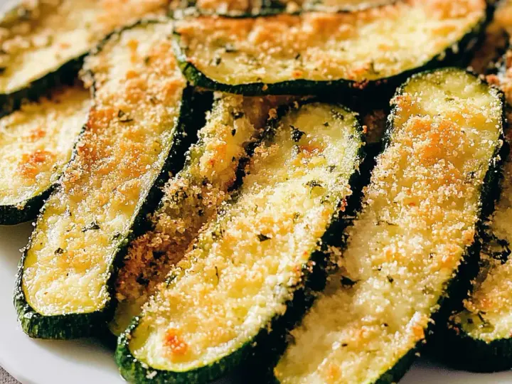 Fette di zucchine al forno dorate e croccanti, condite con pangrattato e erbe aromatiche. Un contorno saporito e leggero.