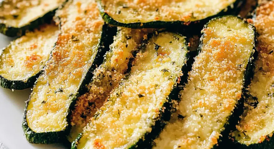 Fette di zucchine al forno dorate e croccanti, condite con pangrattato e erbe aromatiche. Un contorno saporito e leggero.