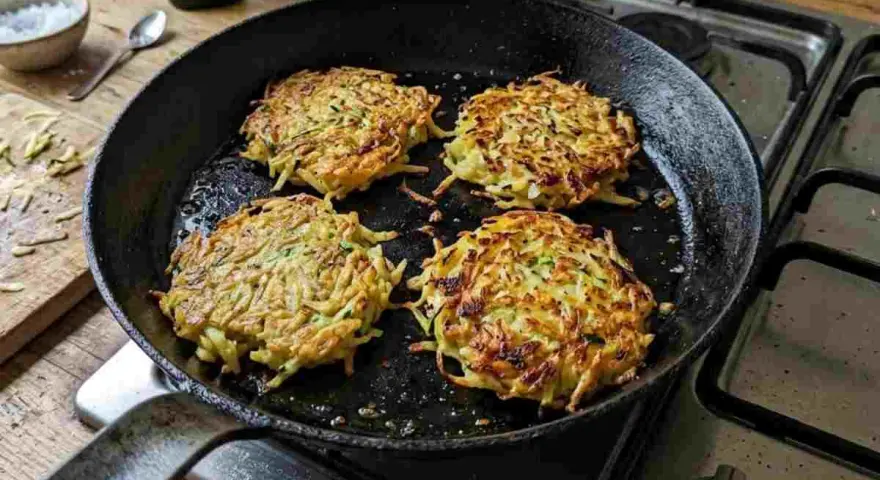 Quattro rosti di zucchine dorati e croccanti cuociono in padella, pronti per essere gustati.