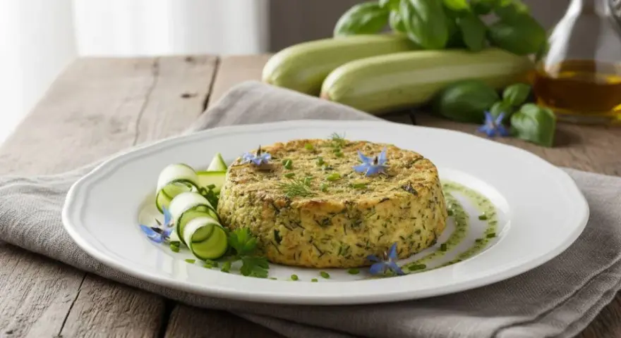 Delicato flan di zucchine, guarnito con fiori blu e rotolini di zucchina, su un piatto bianco.