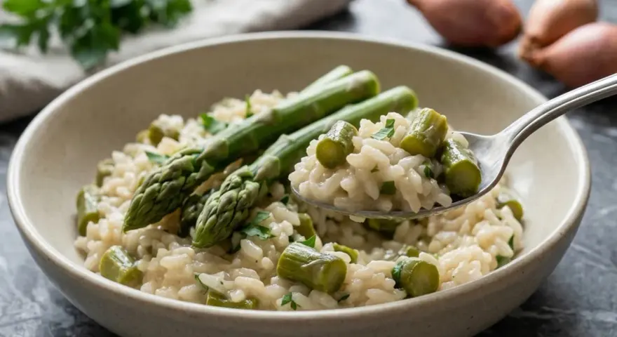 Un cremoso risotto con asparagi freschi, guarnito con prezzemolo tritato. Una forchettata mostra la consistenza perfetta.