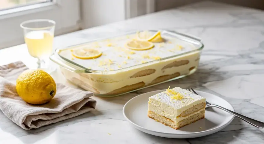 Un delizioso tiramisù al limone, con savoiardi e crema, guarnito con scorza di limone e fette.