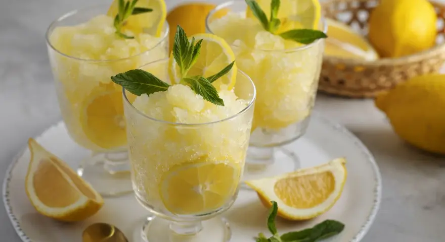 Tre bicchieri di rinfrescante granita al limone, guarniti con fettine di limone e foglie di menta. Limoni freschi in un cestino sullo sfondo.