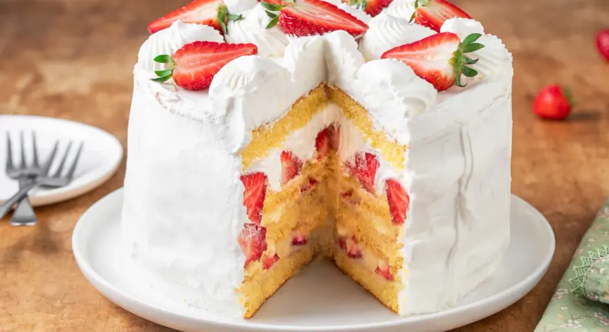 Torta panna e fragole, soffice e invitante, con strati di pan di Spagna, panna montata e fragole fresche, decorata con fragole a fette e ciuffi di panna.