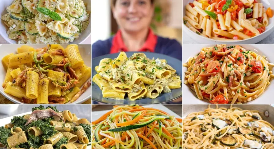 Collage di piatti di pasta con verdure: farfalle con zucchine, rigatoni con pancetta, linguine con pomodorini e pinoli, spaghetti con verdure julienne e pasta con spinaci e acciughe.