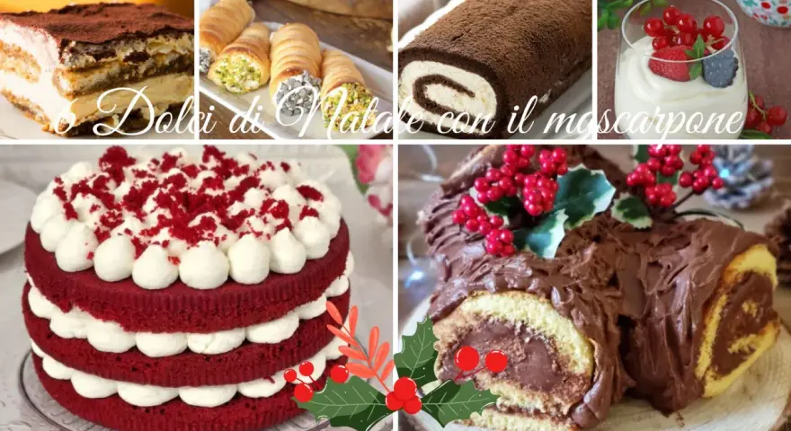 Collage di dolci natalizi: tiramisù, cannoli, tronchetto al cioccolato, torta Red Velvet e coppetta con frutti rossi. Tutti deliziosi dolci con mascarpone.